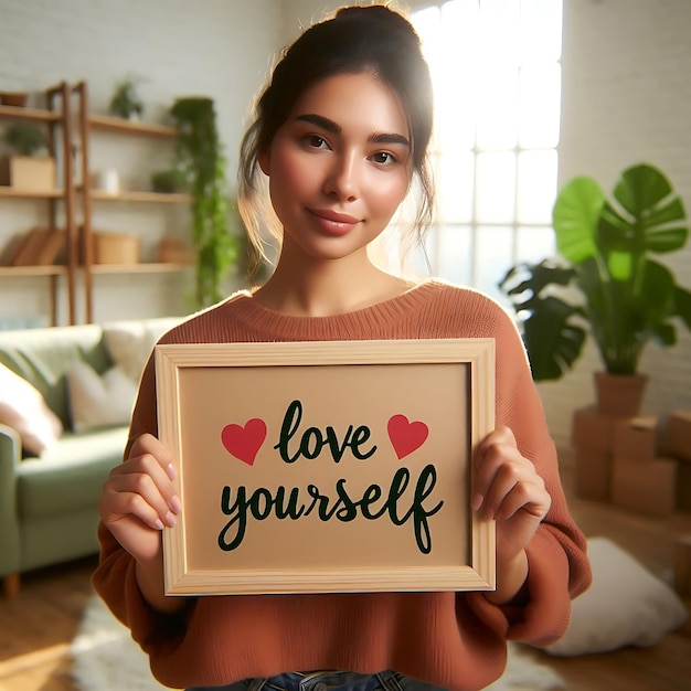 Woman Holding a Piece of Paper with Love Yourself Message