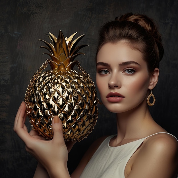 a woman holding a pineapple with a gold chain on her neck AI Generated