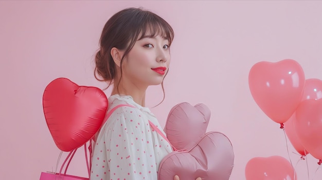 A woman holding a pink balloon and a shopping bag