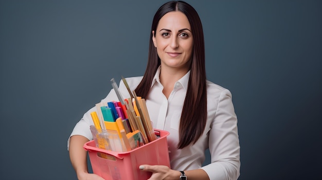 A woman holding a pink container with a paintbrush and brushes in it.