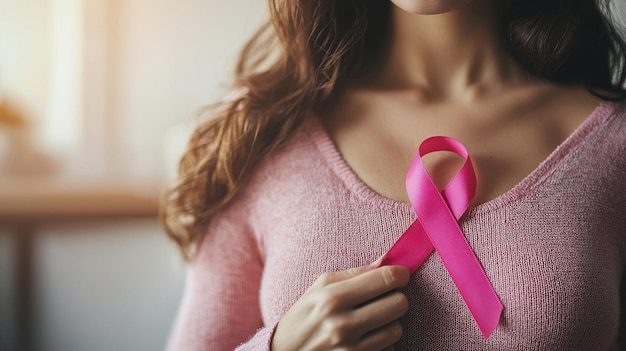 Woman Holding Pink Ribbon Near Chest