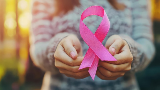 Woman holding a pink ribbon symbolizes Breast Cancer Awareness Month ar 169 v 61 Job ID b5d4163d797947e1807e37aee51beac0