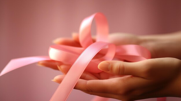 a woman holding a pink ribbon that says " the word " on it.