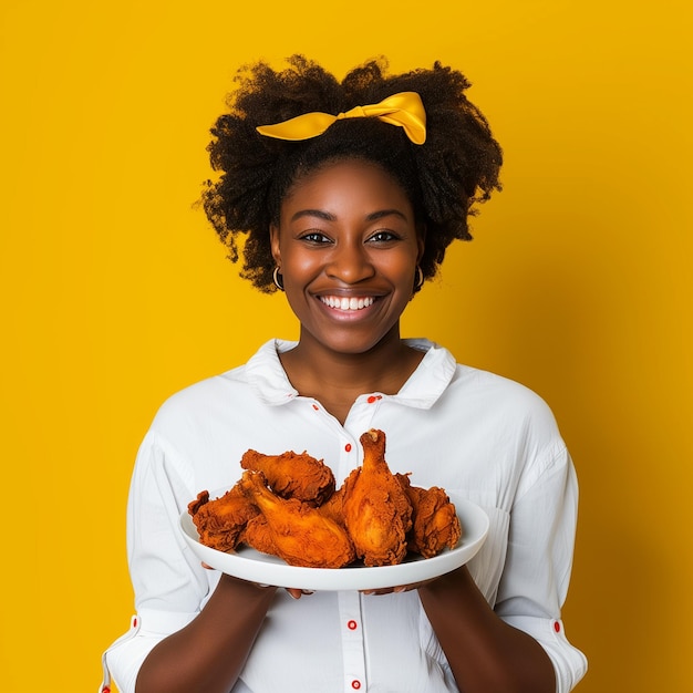 a woman holding a plate of chicken and a plate of chicken