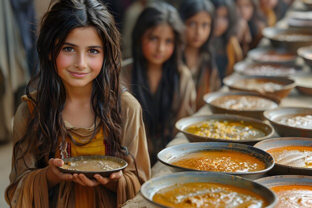 Woman Holding Plate of Food in Front of a Line of People