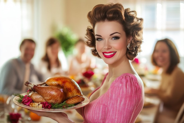 a woman holding a plate of food with a turkey on it