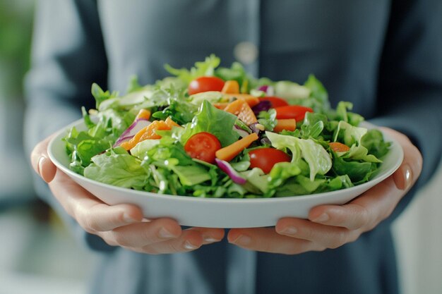 Photo woman holding a plate of freshly prepared salad oc