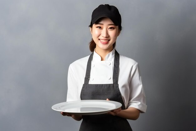 a woman holding a plate that says chef