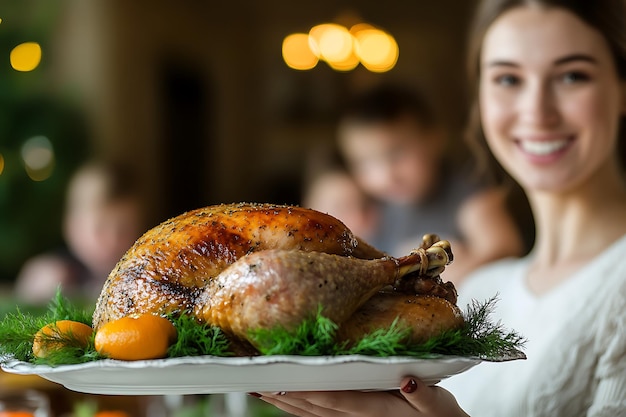 Photo woman holding a plate of turkey with a bunch of carrots on it