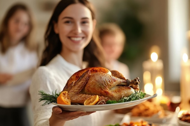 Photo a woman holding a plate of turkey with a candle in the background