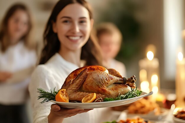 Photo woman holding a plate of turkey with family in background