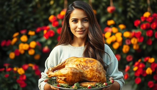 Photo a woman holding a plate of turkey with a turkey on it