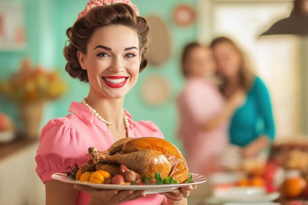 Photo a woman holding a plate of turkey with a woman in the background behind her