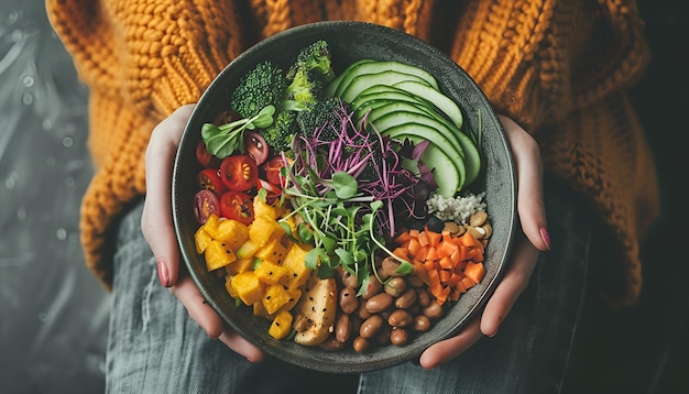 Photo woman holding plate with vegan or vegetarian food healthy plant based diet healthy dinner or lunch buddha bowl with fresh vegetables healthy eating