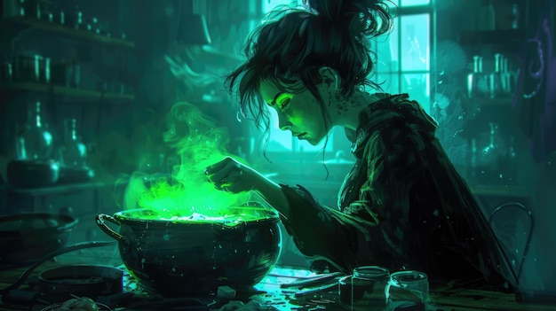 Woman holding pot of green liquid