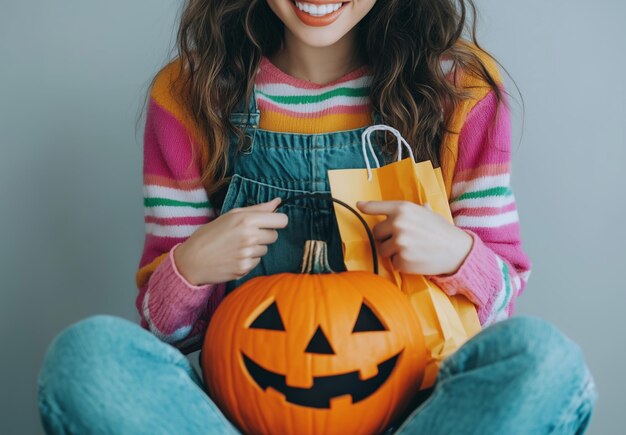 a woman holding a pumpkin that says pumpkin