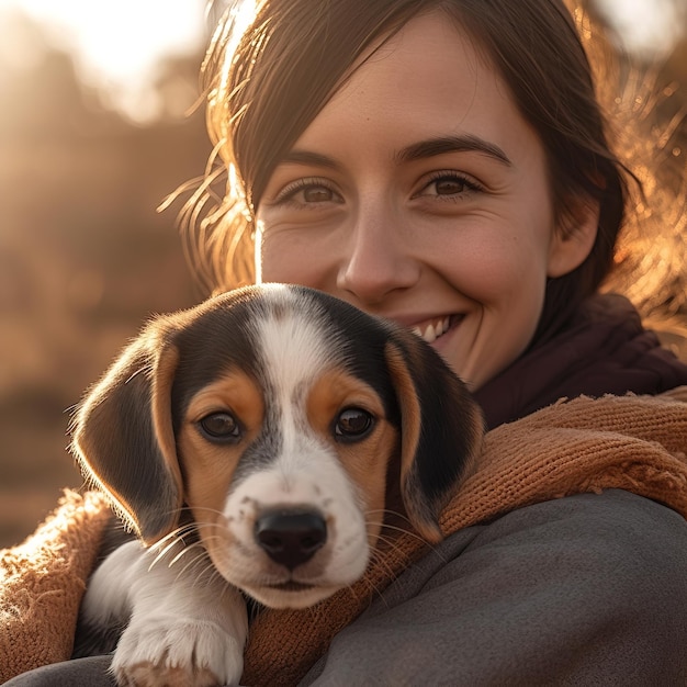 A woman holding a puppy in her arms