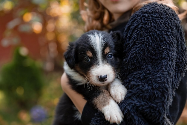 A woman holding a puppy with a white stripe on the forehead