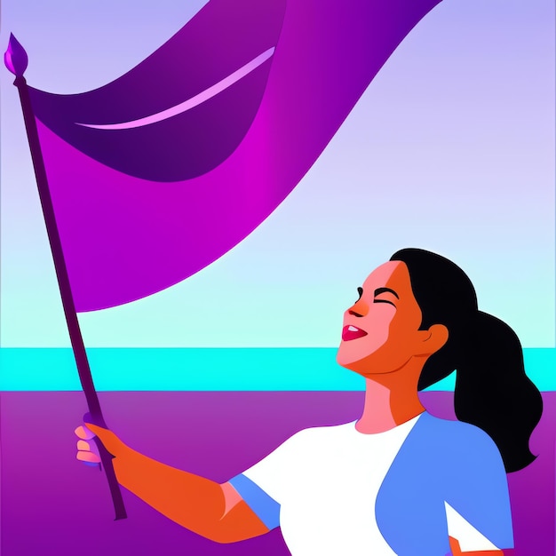 Woman holding a purple flag Womans Day Female empowerment