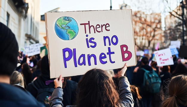 Photo woman holding a quotthere is no planet bquot sign at a protest