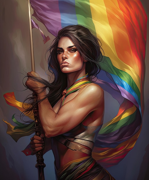 A woman holding a rainbow flag that says'pride'on it