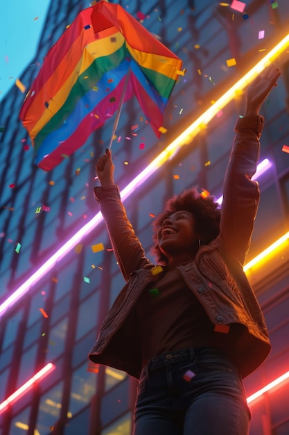 Woman Holding Rainbow Kite in Front of Building Generative AI