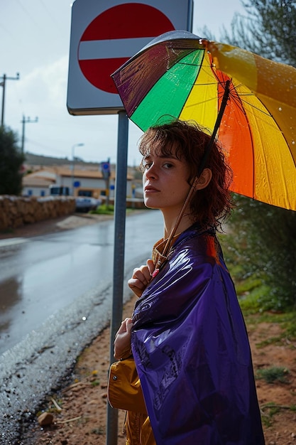 a woman holding a rainbow umbrella in front of a stop sign in the style of transavanguardia