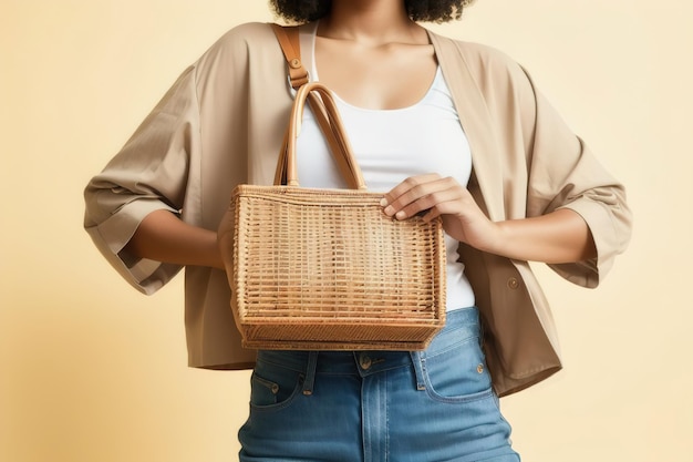 Woman holding rattan handbag on light background Generative AI