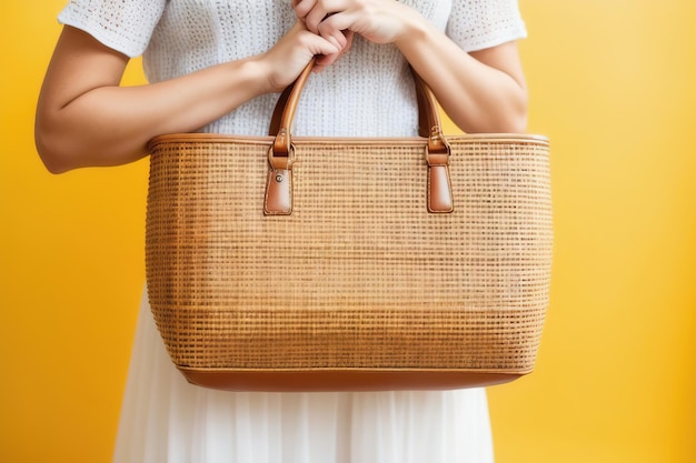 Woman holding rattan handbag on light background Generative AI