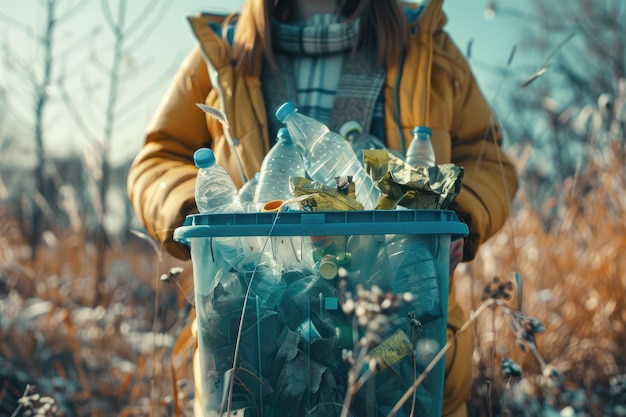 A woman holding a recycle bin with plastic bottles in the outdoors