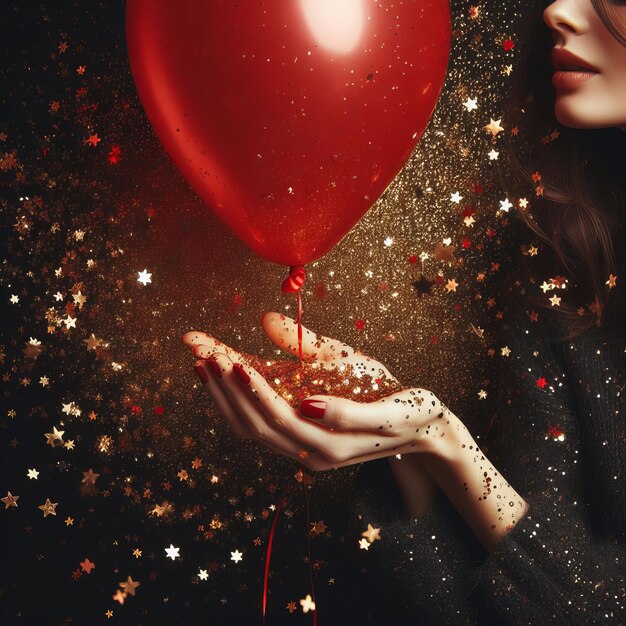 a woman holding a red balloon with the words the word on it