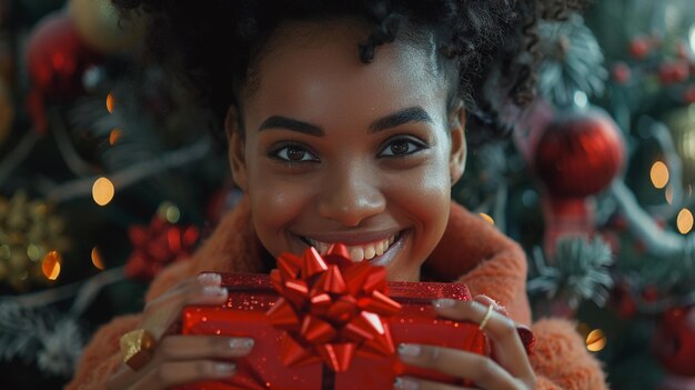 a woman holding a red gift with a christmas tree in the background