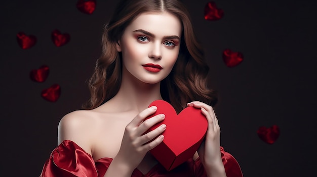 Woman holding a red heart in front of a dark background