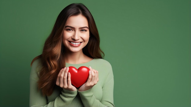 Woman holding red heart in green dress and background AI Generated