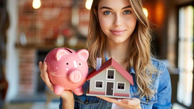 Photo a woman holding savings symbols