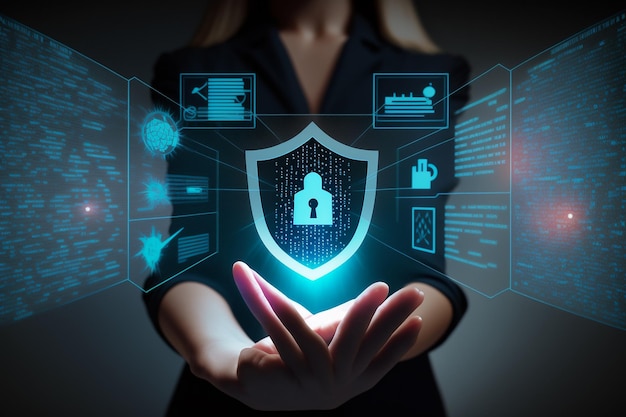 a woman holding a shield with a padlock on it and a padlock on the screen.