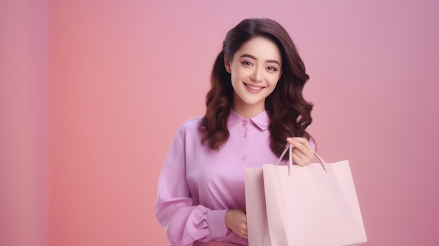 woman holding shopping bag on pastel color background