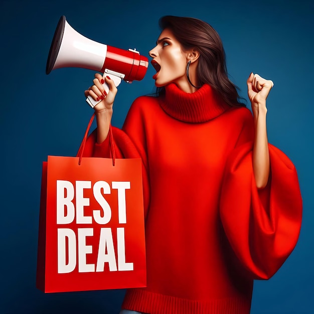 Photo a woman holding a shopping bag with the word best deal on it