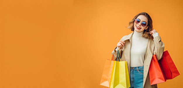 A woman holding shopping bags in front of an orange background