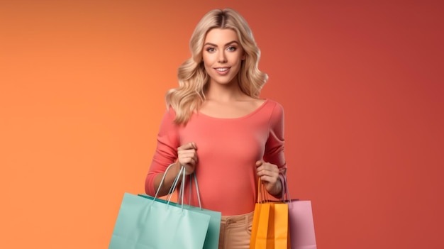 A woman holding shopping bags in front of an orange background