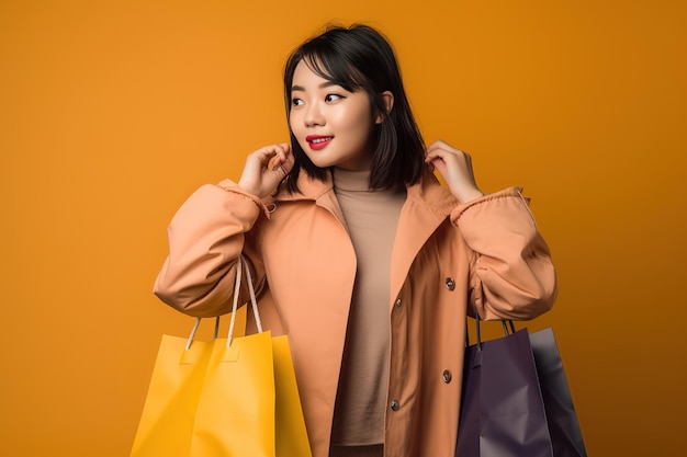 A woman holding shopping bags in front of a yellow background