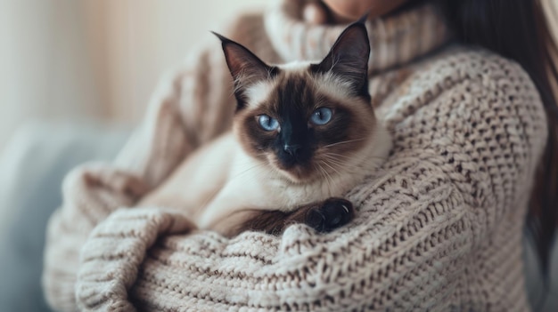 Woman Holding Siamese Cat