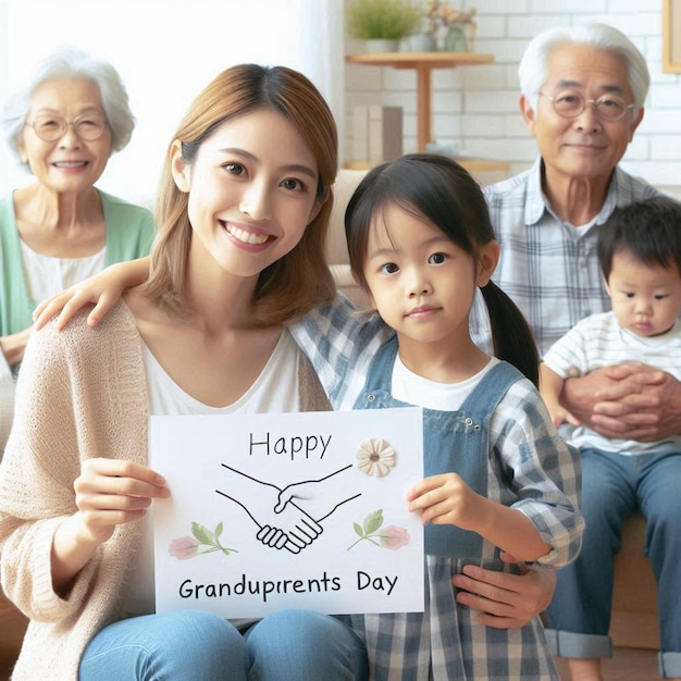 a woman holding a sign that says happy grandparents day