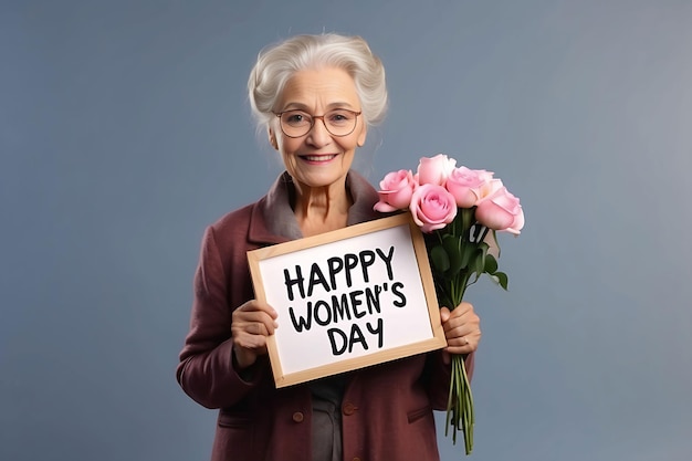 A woman holding a sign that says happy of womens day