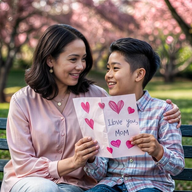 a woman holding a sign that says quot i love you quot is holding a card