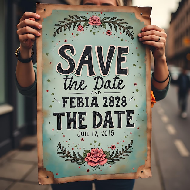 a woman holding a sign that says save the date