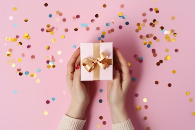 A woman holding a small gift box on a pink background with confetti