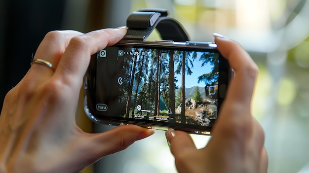 Photo woman holding a smartphone and taking a picture of a beautiful landscape