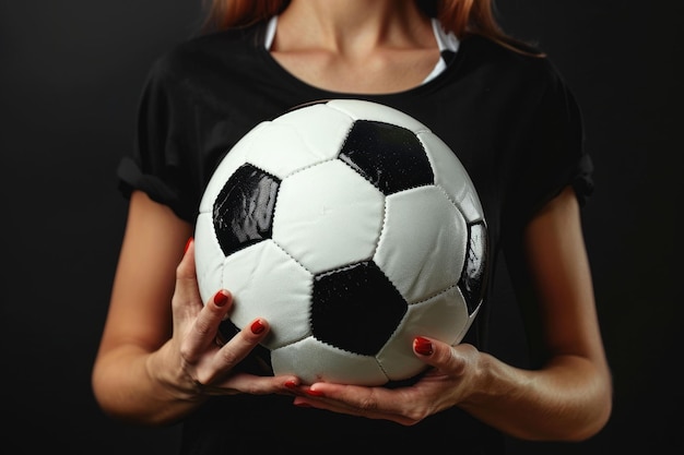 Photo woman holding a soccer ball isolated over a black background