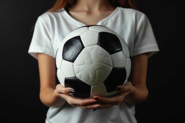 Photo woman holding a soccer ball isolated over a black background